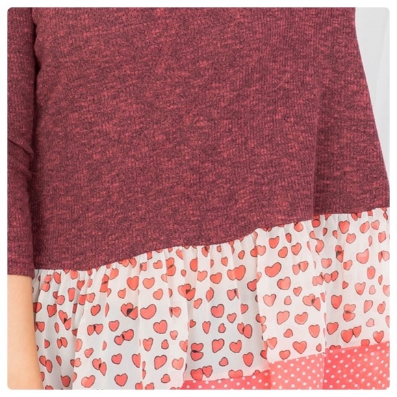 BURGUNDY KNIT AND PRINT RUFFLE TOP - Picture 7 of 9
